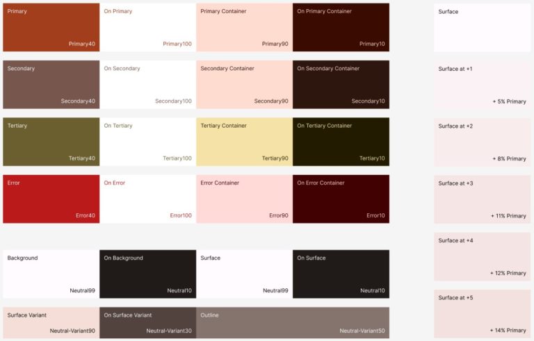 Color palette with 5 columns and 6 rows displaying shades of red, orange, yellow, green, creme, and gray