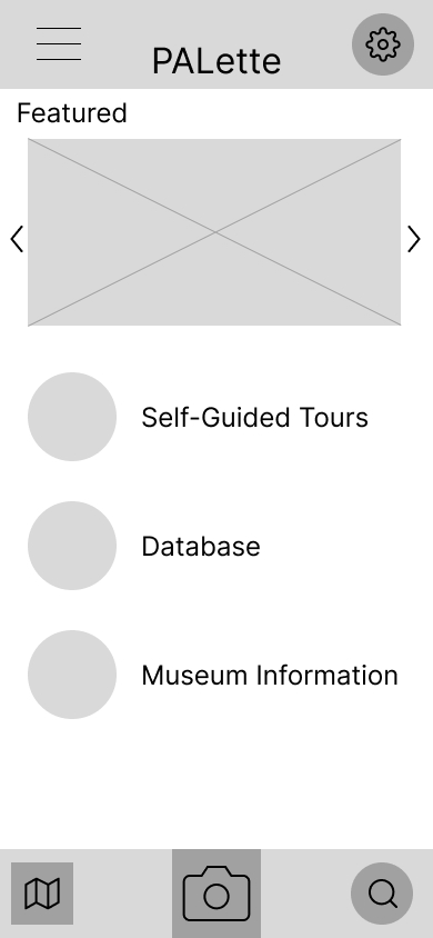 Low-fidelity wireframe of the home screen for PALette