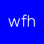 Square logo with the letters wfh all lowercase in white text on a royal blue background