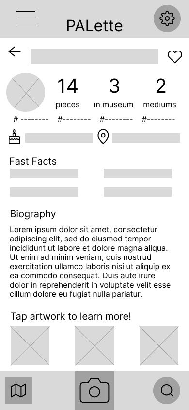 Low-fidelity wireframe for artist profile screens in PALette