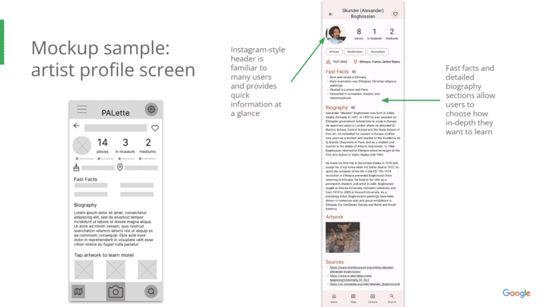 Before and after showing a low-fidelity mockup of the artist profile screen on the left and a high-fidelity mockup of an artist profile screen on the right.