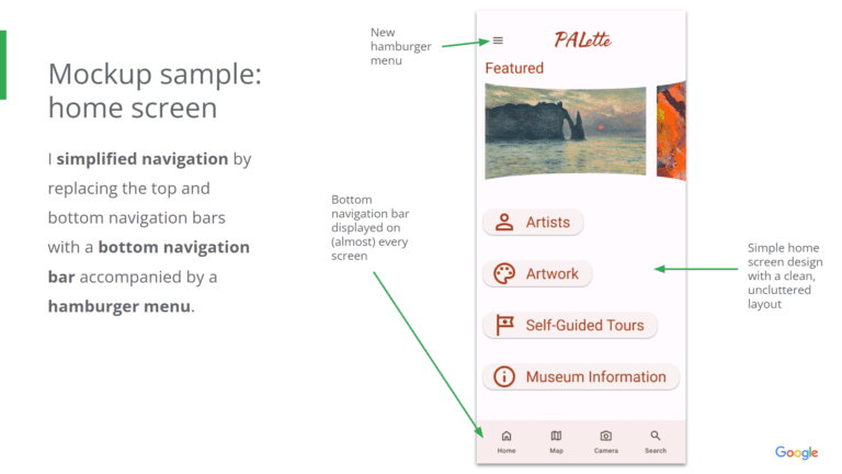 Mockup of the PALette home screen indicating changes to the app's navigation structure. A bottom navigation bar has remained in place, but the top navigation bar has been removed and replaced with a hamburger menu.