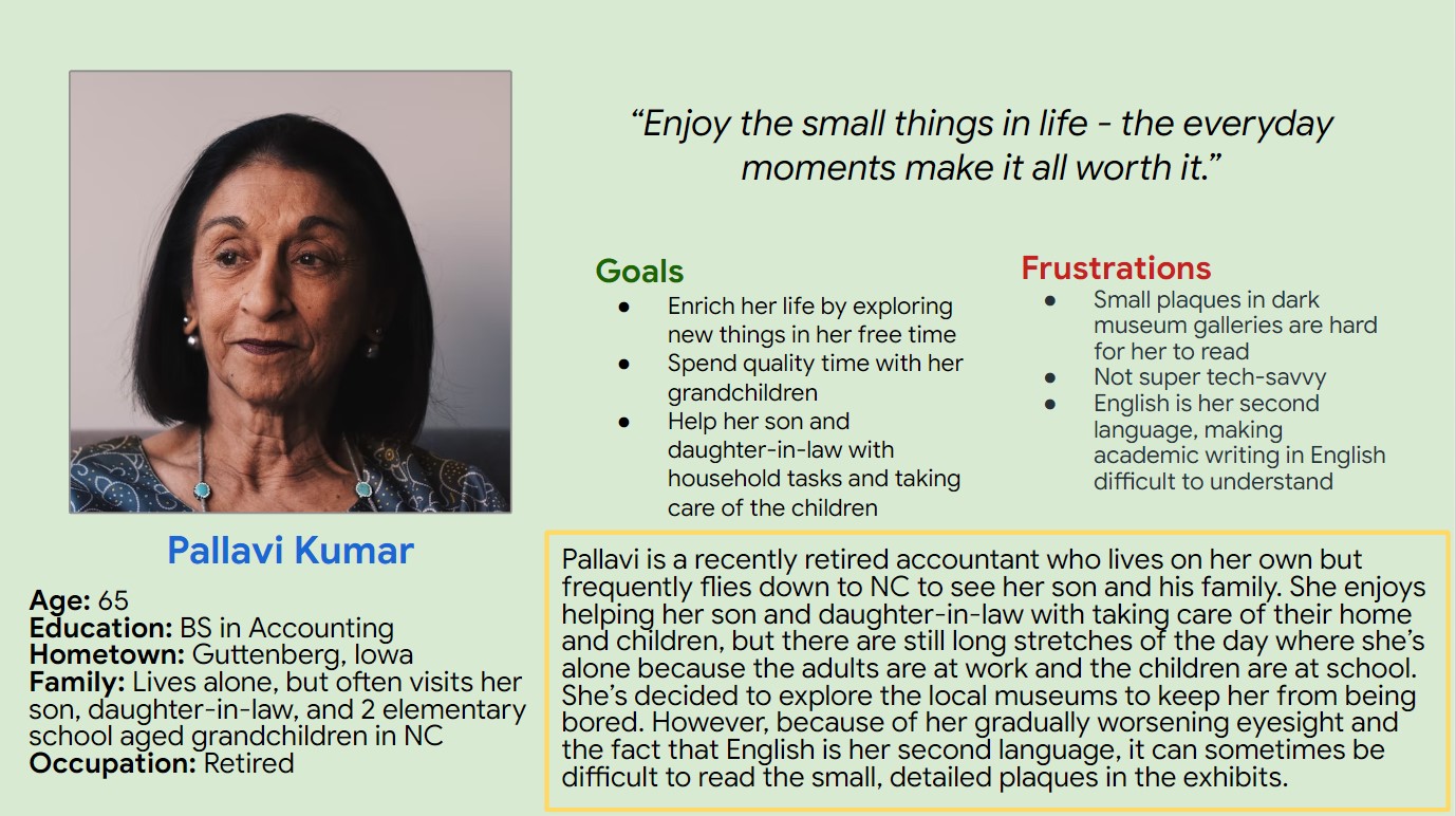 User persona for Pallavi Kumar that includes a headshot, her demographics, goals, frustrations, a short description of her lifestyle, and a quote.